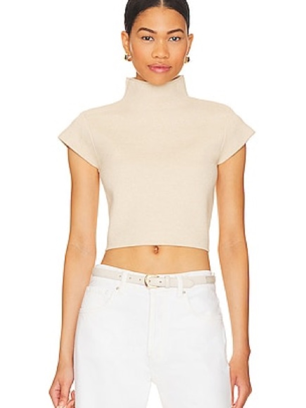 Line and Dot Mock Neck Crop Top Medium Beige Revolve